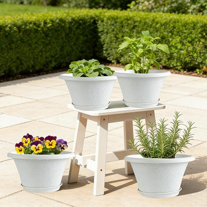 Quarut 12 Inch Plant Pot,4 Pack Large pots for Plants,Flower Pots with Drainage Hole & Saucer,Modern Planters for Indoor Outdoor Plants,Decorative Resin Garden Pots,White