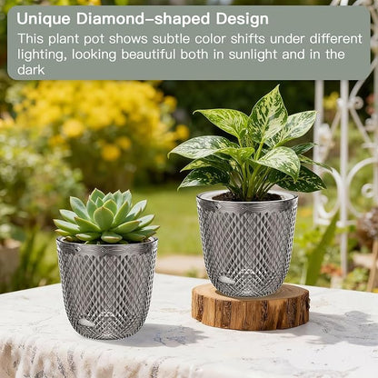 QCQHDU 2 Pack Self Watering Pots, 5.7 Inch, with Drainage Holes, Gray | Plastic Garden Planter with Water Filling Port for Indoor Plants
