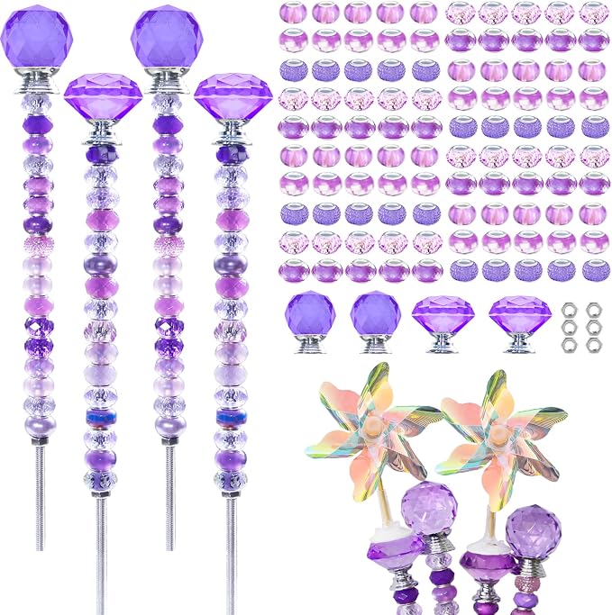 101 PCS Beaded Garden Stakes Kit, DIY Fairy Wand Garden Stake Beads Kits with Purple Large Hole Beads 4 Crystal Stopper Top Threaded Rods and 2 Colored Small Windmills for Outdoor Indoor Decor