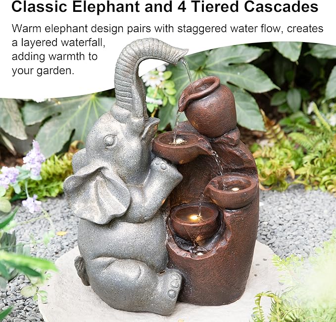 Glitzhome Outdoor Water Fountain, 4-Tiered Elephant and Pot Outdoor Fountain with Lights, 18.5" H Polyresin Decorative Waterfall Feature Garden Fountain with Pump for Patio, Yard, Deck, Porch Decor