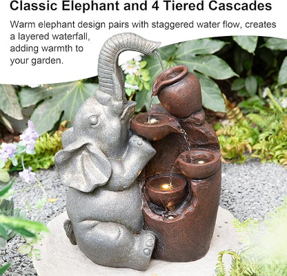 Glitzhome Outdoor Water Fountain, 4-Tiered Elephant and Pot Outdoor Fountain with Lights, 18.5" H Polyresin Decorative Waterfall Feature Garden Fountain with Pump for Patio, Yard, Deck, Porch Decor