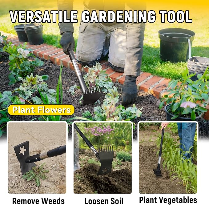 Weed Puller Tool with Long Handle 68", 2-in-1 Manual Weeds Remover, Heavy Duty Weed Rake and Garden Hoe Combo, Stand Up Weeder Uprooting Weeding Pull Tool for Garden Yard Lawn Patio