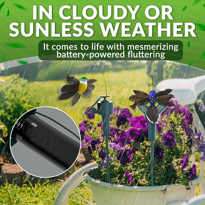 3 Pcs Solar Hummingbird Garden Stakes that Move Like Real Birds - Decorative Garden Stakes, Fluttering Moving Hummingbird Decor, Waterproof Battery Powered Yard Decorations Outdoor for Plants & Patio