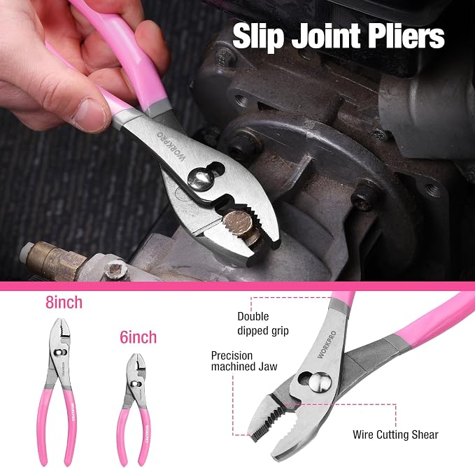 WORKPRO 7-Piece Pliers Set - Pink Ribbon | Groove Joint Plier, Long Nose Plier, Slip Joint Pliers, Linesman Pliers, Diagonal Pliers for DIY & Home Use