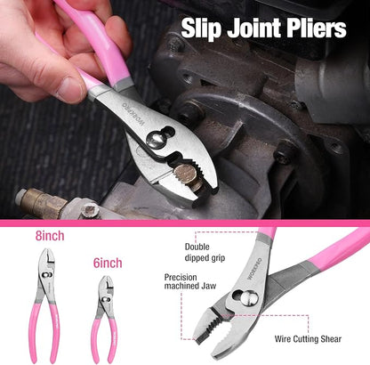 WORKPRO 7-Piece Pliers Set - Pink Ribbon | Groove Joint Plier, Long Nose Plier, Slip Joint Pliers, Linesman Pliers, Diagonal Pliers for DIY & Home Use