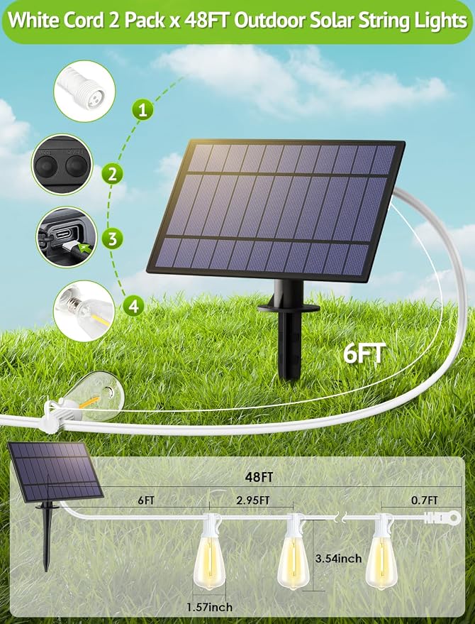 Larkvue 96FT(2x48FT) Solar Outdoor String Lights with Remote & Timer, Waterproof Dimmable Patio Lights with 30+2 ST38 LED Bulbs for Garden Deck-White