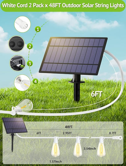 Larkvue 96FT(2x48FT) Solar Outdoor String Lights with Remote & Timer, Waterproof Dimmable Patio Lights with 30+2 ST38 LED Bulbs for Garden Deck-White