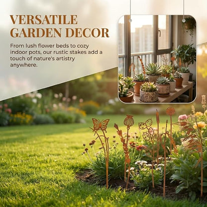 9PCS Metal Garden Stakes Decorative Flower Plant Stakes, Rustic Iron Yard Art Plant Picks for Outdoor Indoor Planters, Succulent Pot Decor, Lawn Patio Garden Ornaments, Gift for Garden Lovers
