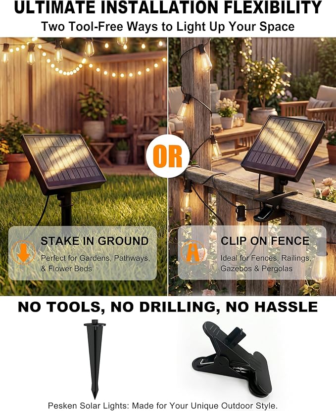 108FT (48+2) Outdoor String Lights Solar Powered, ST38 Dimmable Patio Lights with Remote & USB Charging, Dusk to Dawn, 2700K LED String Solar Light for Backyard, Garden, Porch, Wedding Decor
