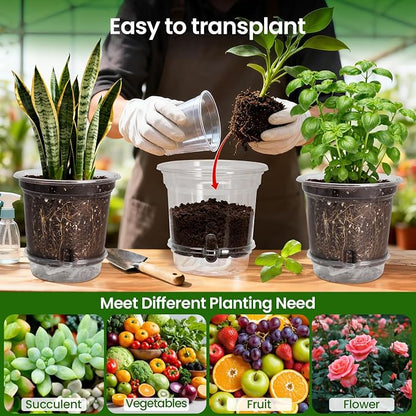 MIXC 12 Packs 6.5 Inch Self Watering Pots for Indoor Plants - Clear Nursery Plant Pots with Drainage, Deep Visible Reservoir - Flower Planter Outdoor with Wicking Rope