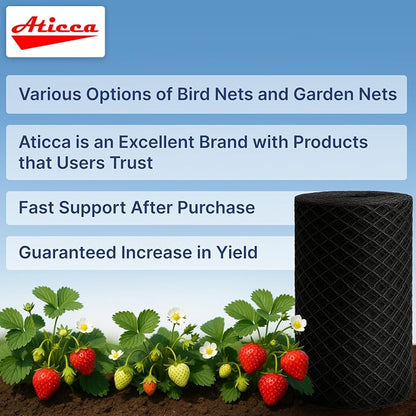 ATICCA Heavy Duty Bird Netting for Garden Protection & Fruit Trees, 7.5x100 Ft with 10 Stakes – Black Anti-Bird Net for Poultry, Deer, & Squirrel Protection, Durable Mesh for Garden and Yard Use