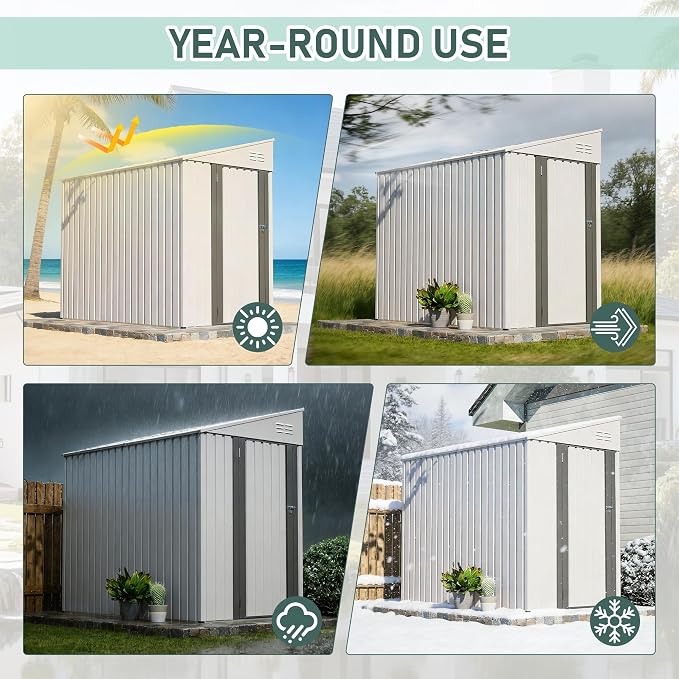 YOPTO 4x7 FT Outdoor Storage Shed,Metal Lean to Storage Shed with Reinforced Beams,All Weather Waterproof Garden Tool House W/Lockable Door and Reversible Installation,for Backyard,Patio,Lawn,White
