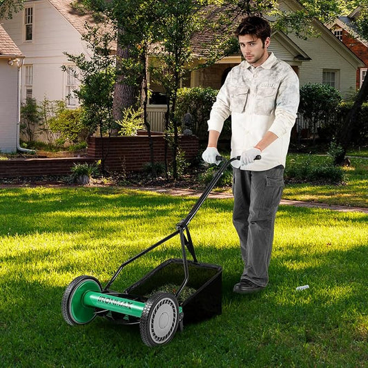 IRONMAX Lawn Mower, 14 Inch Push Reel Lawn Mower with 5 Steel Blades, Adjustable Cutting Heights, Grass Catcher Bag, Walk-Behind Manual Lawnmower for Garden Park Yard, No Motor (Green, 14 Inch)