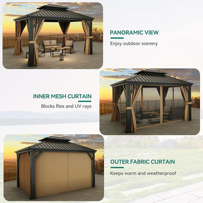 YITAHOME 10x12 ft Hardtop Gazebo with Netting and Shaded Curtains, Outdoor Metal Gazebo 2-Tier Hardtop Galvanized Iron Aluminum Frame Garden Tent for Patio, Backyard, Deck and Lawns