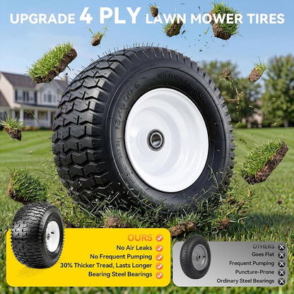 YITAMOTOR 15x6.00-6 Lawn Mower Tires & Wheel Assemblies, 4 Ply Pneumatic Front Tires Replacement Fits John Deere, Lawn Tractors, More Riding Mowers | 3" Centered Hub, 3/4" Bearings, 570LBS (Set of 2)