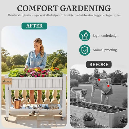 YITAHOME 3.6x1.5x2.8 FT Elevated Garden Bed Kit with Legs and Wheels, Outdoor Large Resin Planter Box Stand with Drain Plug and Storage Shelf for Plants Vegetables Fruits, Grayish-White