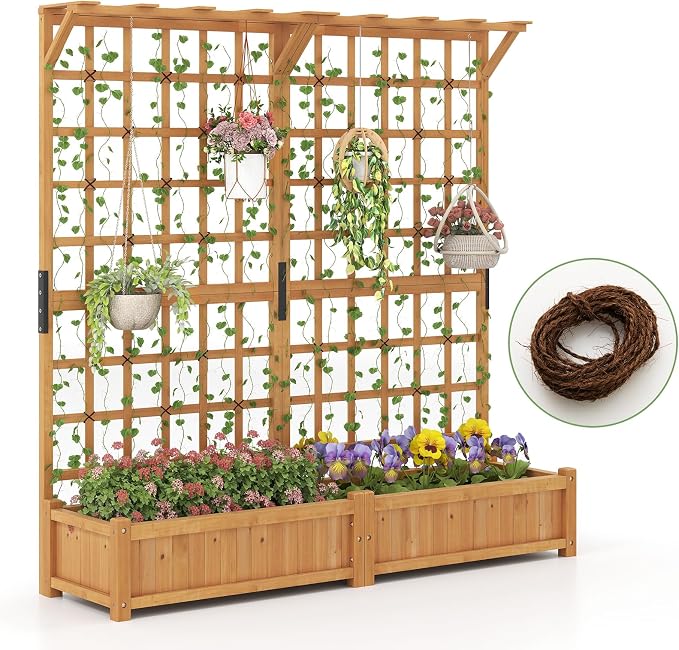 HAPPYGRILL 71" Raised Garden Bed with Trellis, Wood Planter Container w/2 Hanging Roof & Garden Boxes, 4 Drainage Holes, Outdoor Planter Box w/Removable Bottom Plate for Climbing Plants Flowers Vine