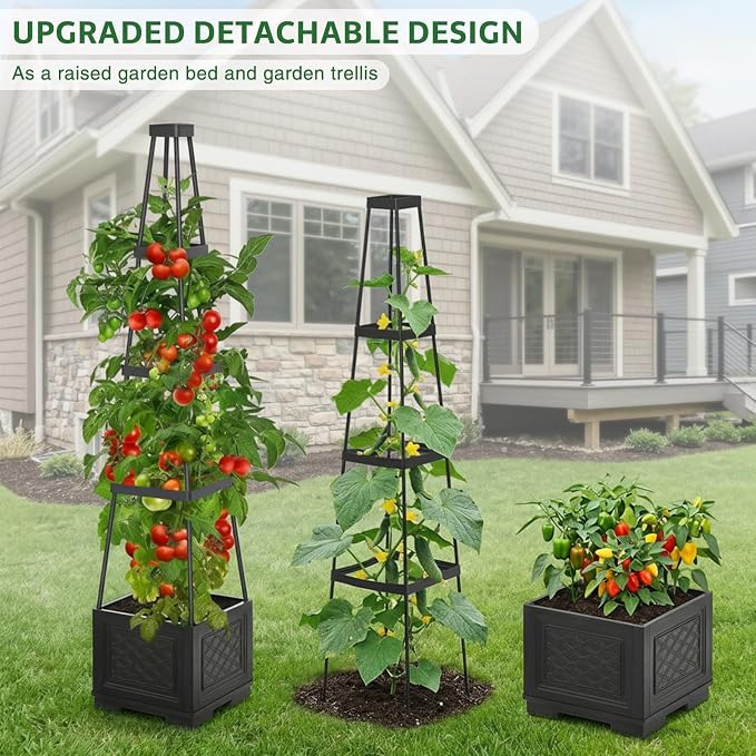 Tomato Planter with Wheels, 57" Self Watering Raised Garden Bed with Tomato Cage & Trellis for Light Climbing Plants, Cherry Tomatoes, Clematis, Herbs, Indoor & Outdoor Gardening for Patios, 1 Pack
