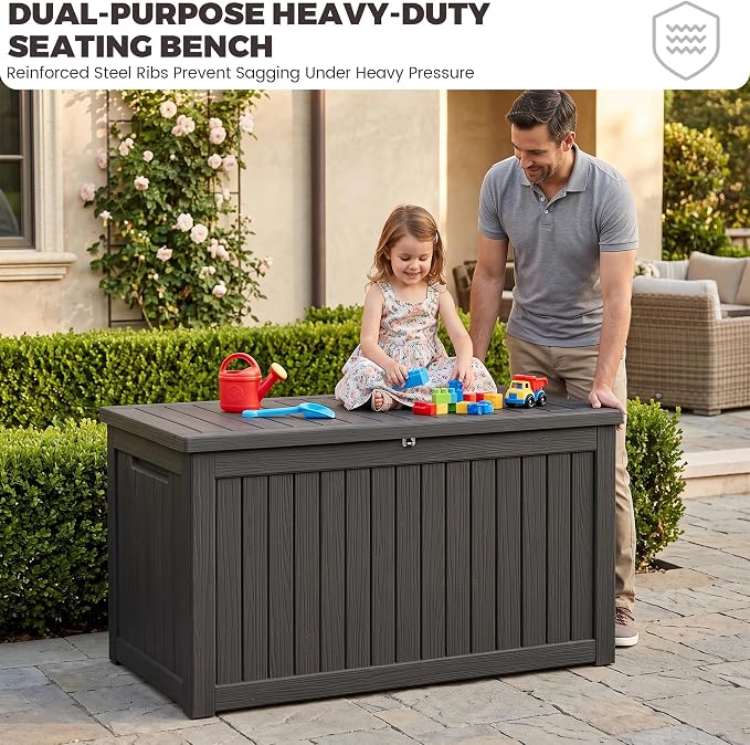 Outdoor Storage Box, 270 Gallon Waterproof Deck Box [Upgraded 3.1], Giant Resin Storage for Large Cushions, Heavy Duty Outside Lockable Bench Seat, Large Backyard Party, Black