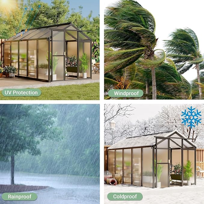 Greenhouse, 6x10 FT Greenhouse for Outdoors, Walk-in Green House with Ground Nails and Vent Windows, Sliding Lockable Door, Polycarbonate Greenhouses for Outside Garden Backyard, Quick Setup, Black