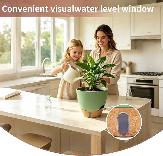 12"/10"/9"/8" Self Watering Pots with Visual Water Window,Extra Large Self Watering Plant Pots with Drainage Holes & Saucers,Green Planters for Indoor Plants,4-Pack