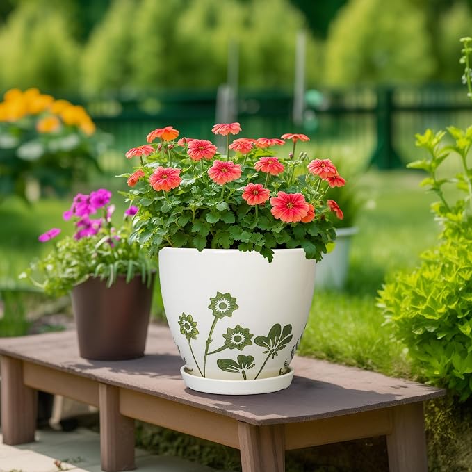 MPotTo Ceramic Plant Pot 10 Inch - Ceramic Planter for Indoor Outdoor Plants, Decorative Boho Round Planter with Drainage Hole and Saucer, Housewarming Gifts, Office Garden Home Decor, White