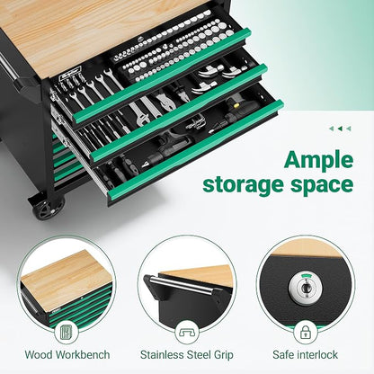 7-Drawer Tool Chest with Wood Top, 31.3W x 18.9D x 32.3H inches, Black and Green，Locking Rolling Tool Box with Wheels,Mechanic Tool Cabinets for Garage, Warehouse,Repair Shop(7 Drawers)