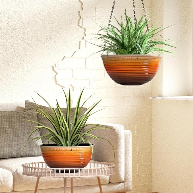 Vanslogreen 2 Pack Hanging Planters for Indoor Outdoor Plants, 10 Inch Hanging Planter with Drainage Hole & Plug Glazed Hanging Baskets Flower Pots for Garden Home, Orange