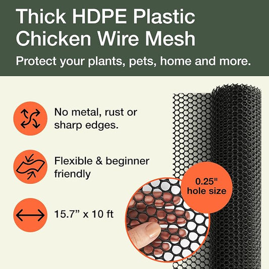 Maporch Plastic Chicken Wire Fencing for Pet Protection - 15.7" x 10ft, Black HDPE Mesh - Garden Fence Animal Barrier for Dogs, Cats and Rabbits (1-Pack) | 15.7" x 10ft - HDPE Home and Garden Netting - UV Resistant - Customizable Balcony Barrier for An...