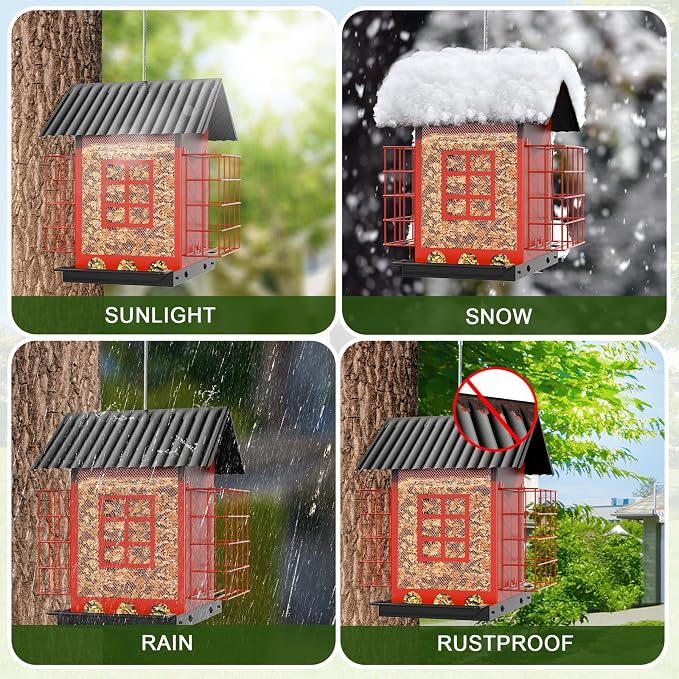 FlowaFoli Bird Feeders for Outdoors Hanging, Metal Bird Feeder with Double Suet Cage Cake, Large Capacity, Birdfeeders Sturdy & Weatherproof, Easy to Clean & Refill, Great for Attracting Wild Birds
