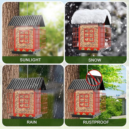 FlowaFoli Bird Feeders for Outdoors Hanging, Metal Bird Feeder with Double Suet Cage Cake, Large Capacity, Birdfeeders Sturdy & Weatherproof, Easy to Clean & Refill, Great for Attracting Wild Birds