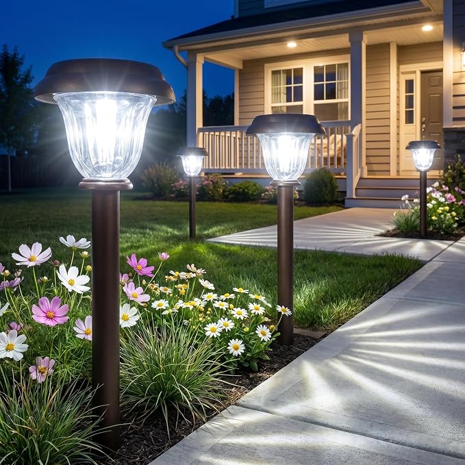 DERAYSION Solar Lights Outdoor, 6 Pack Brushed Stainless Steel Glass Solar Pathway Lights, Auto On/Off Long-Lasting Outdoor Solar Lights for Garden, Landscape, Path, Yard, 6000K Cold White