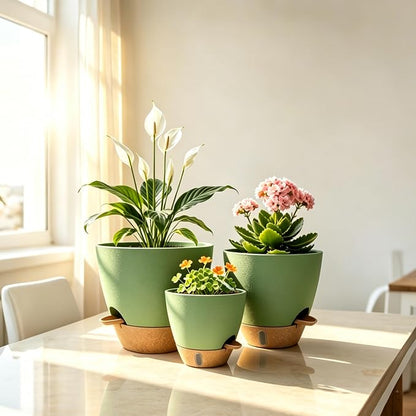 12"/10"/9"/8" Self Watering Pots with Visual Water Window,Extra Large Self Watering Plant Pots with Drainage Holes & Saucers,Green Planters for Indoor Plants,4-Pack