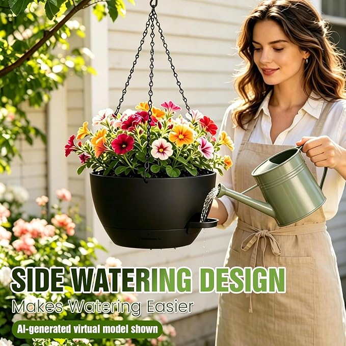 12 Inch Large Self Watering Hanging Planters 2 Pack with Saucers | Set of 2 12-inch self-watering hanging planters with extra soil capacity, side-fill ports, chain hangers & snap-on saucers