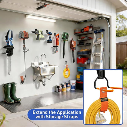 Heavy Duty Garden Power Tool Hanger, Garage Storage Utility Hooks with Storage Straps, Electric Tool Hooks, String Trimmer Hangers, Garden Tool Organizer, Weedeater Rack (4, Orange)