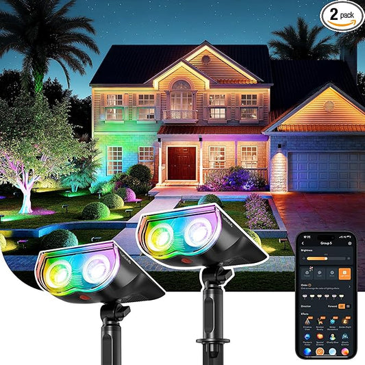 Linkind Smart Solar Spot Lights Outdoor SL5C, Solar Lights Outdoor Spotlight Cool/Warm White/Color Changing, APP/Voice Control IP67 Landscape Lighting for Yard, Garden, Pathway(2 Pack)