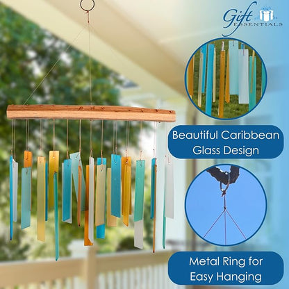 Caribbean Beach Glass Driftwood Wind Chime, Coastal Decor, 11 Inch | Turquoise Beach Colors; Driftwood Accent; Tropical Coastal Decor; Handcrafted Chime