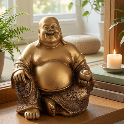 Bellaa Laughing Buddha Statue - 6 Inch Feng Shui Happy Monk Budai Hotei Figurine for Wealth, Luck & Happiness - Chinese Buddhist Zen Decor Copper Gold Finish Resin 21770