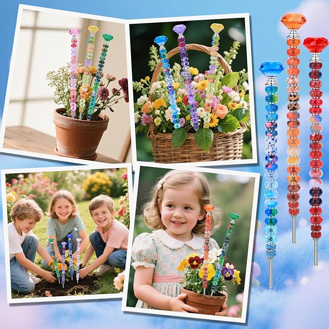 AIPRIDY DIY Crystal Beaded Fairy Wand Garden Stakes Kit, Colorful Decorative Wands with Assembly Guide, 12 or 10 Inch Threaded Rods,Outdoor Garden Decoration Set (238, Rainbow+Diamond Top)