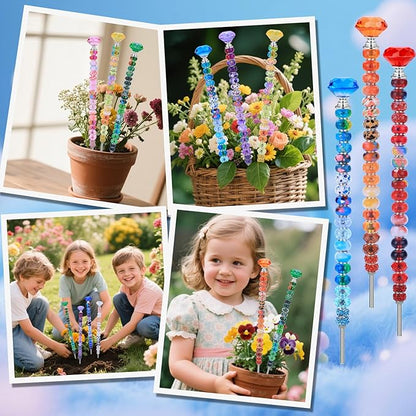 AIPRIDY DIY Crystal Beaded Fairy Wand Garden Stakes Kit, Colorful Decorative Wands with Assembly Guide, 12 or 10 Inch Threaded Rods,Outdoor Garden Decoration Set (238, Rainbow+Diamond Top)