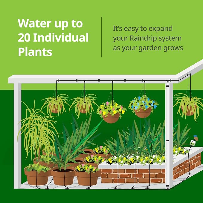 Raindrip R560DP Drip Watering System, Automatic Drip Irrigation System with Timer for Containers and Hanging Baskets, Waters up to 20 Plants, Includes 20 Drippers, Black