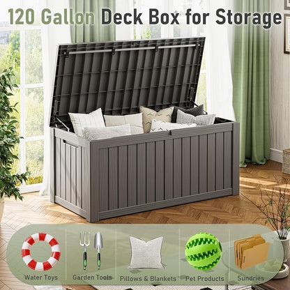 Outdoor Storage Box, 120 Gallon Deck Box, Resin Waterproof Outside Storage Bench, Outdoor Storage Cabinet With Lockable Lid, Backyard Deck Box For Garden Tools, Patio Cushions, Pool Accessories