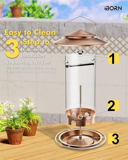iBorn Metal Bird Feeders for Outdoors, Brushed Copper, 6 Port, 2.2LB | For Cardinal, Chew Proof, 18cm Large Roof & Tray, Hanging