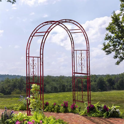 Plow & Hearth Arch Metal Outdoor Garden Arbor, 84 inches Tall, Iron Trellis Lattice for Climbing Plants, Wedding Arch, Outdoor Patio Décor (Red)