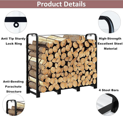 Firewood Rack with Log Carrier, 4FT Outdoor Wood Rack for Firewood, Heavy Duty Firewood Log Rack for Fireplace Fire Pits