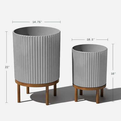 Veradek Demi Series Round Planter w/Stand for Porch/Patio | Durable Plastic-Stone Composite & Wooden Stand | Modern Décor for Tall Plants, Flowers