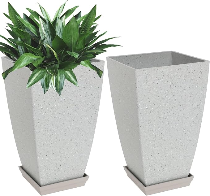 Neoaider Set of 2 Tall Planter, 21 inch Large Plastic Planter, Bluish Gray | Ceramic-Look, Lightweight, Built-in Drain Hole, Saucers, Tall Outdoor Planter for Porch, Garden, Patio, Balcony