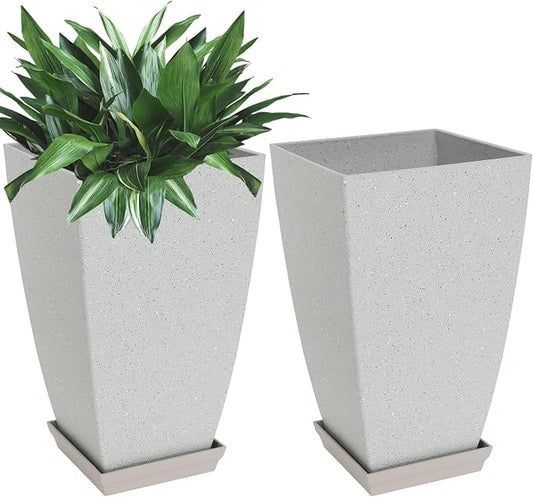 Neoaider Set of 2 Tall Planter, 21 inch Large Plastic Planter, Bluish Gray | Ceramic-Look, Lightweight, Built-in Drain Hole, Saucers, Tall Outdoor Planter for Porch, Garden, Patio, Balcony