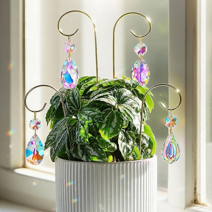 4PCS Small Trellis for Mini Potted Plants with Crystal Prisms Sun Catcher | Indoor Plant Accessories ,7.5inch Metal Plant Stakes Suncatchers for Fairy Garden,Rainbow Crystals,Whimsical Decor For Home