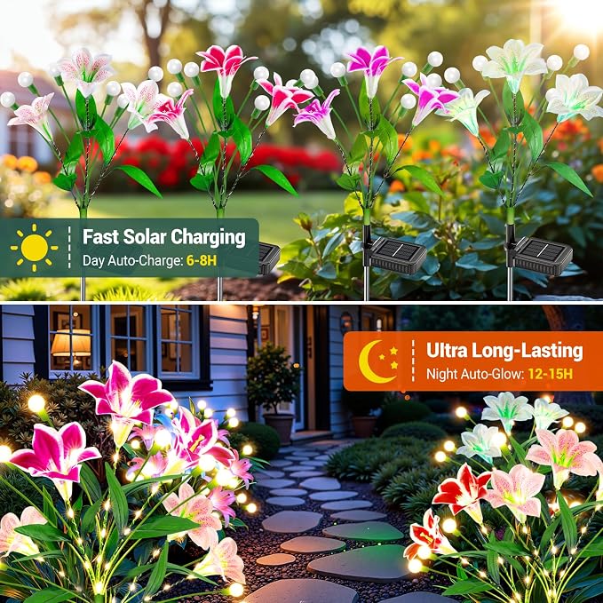 WdtPro Upgraded Solar Garden Lights Outdoor: 4 Pack 2-in-1 Solar Firefly Swaying Light with Lily Flower and Glowing Stem, Waterproof Garden Decor for Yard Patio Pathway Lawn, Gardening Gifts for Women